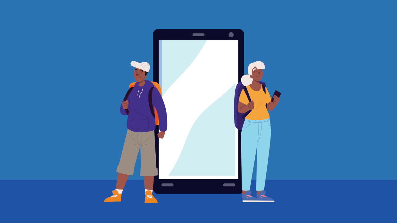 travelers couple with smartphone characters