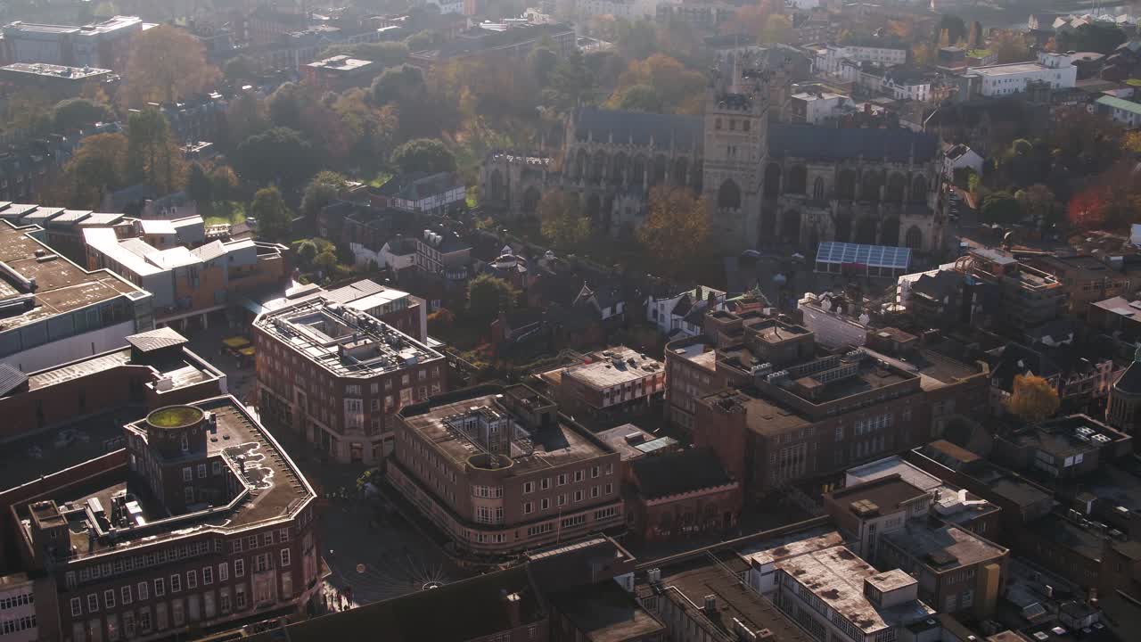 Aerial above central Exeter, UK. view of the shopping high street and the famous historic cathedral