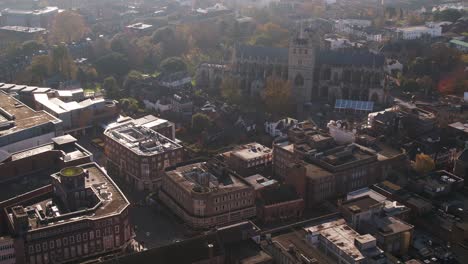 aerial above central exeter, uk. view of the shopping high street and the famous historic cathedral