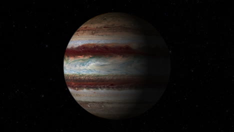 CGI-composite:-zooming-in-to-planet-Jupiter-rotating,-half-lit-with-a-starry-background