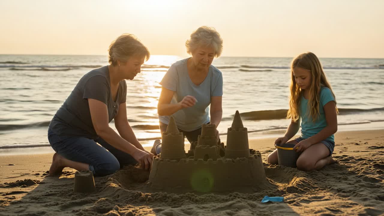 Three Generations Unite at Sunset to Create a Majestic Sandcastle on the Beach, Celebrating Family Bonding and Creative Playtime Along the Shoreline