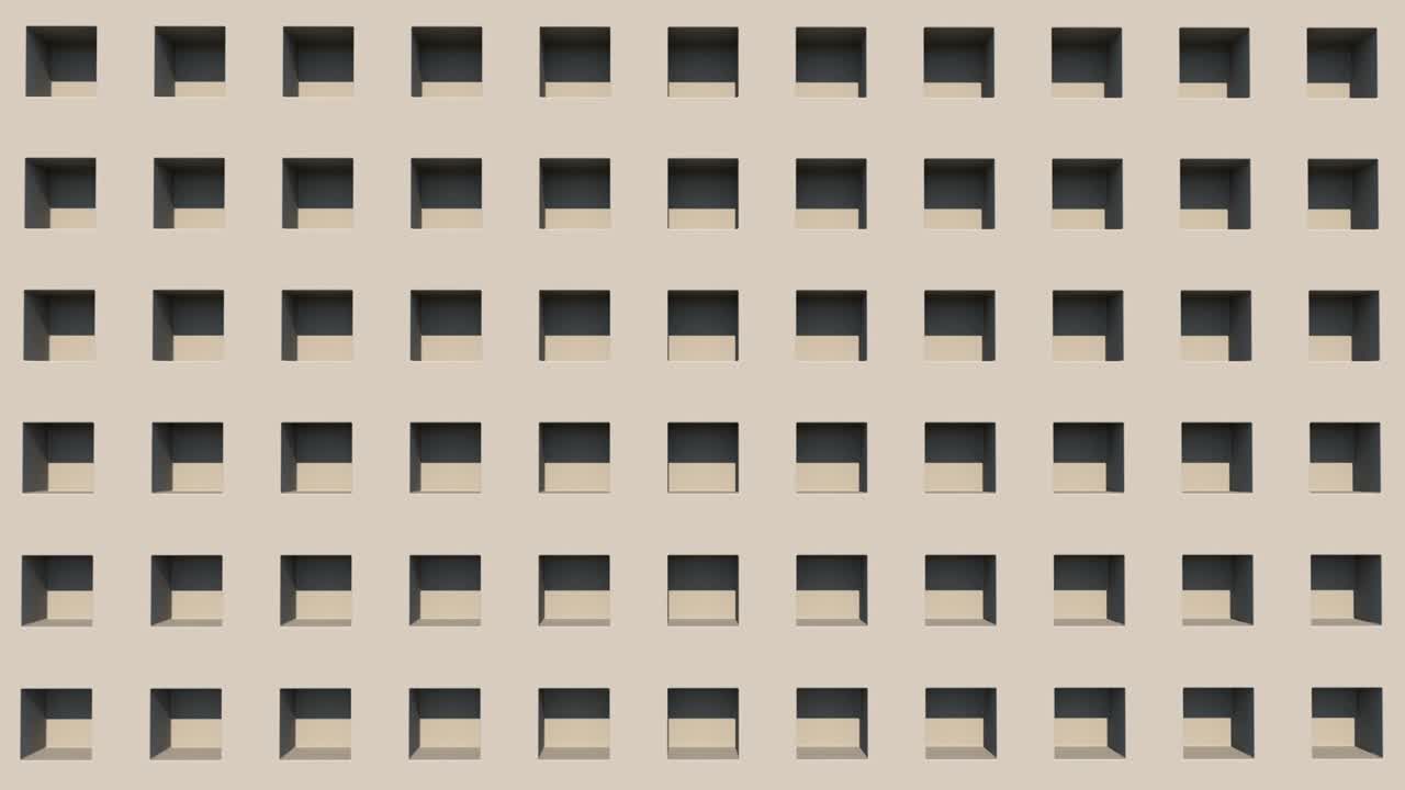 벽에 기하학적으로 배열된 큐브는 아침부터 저녁까지 빛으로 조명됩니다.