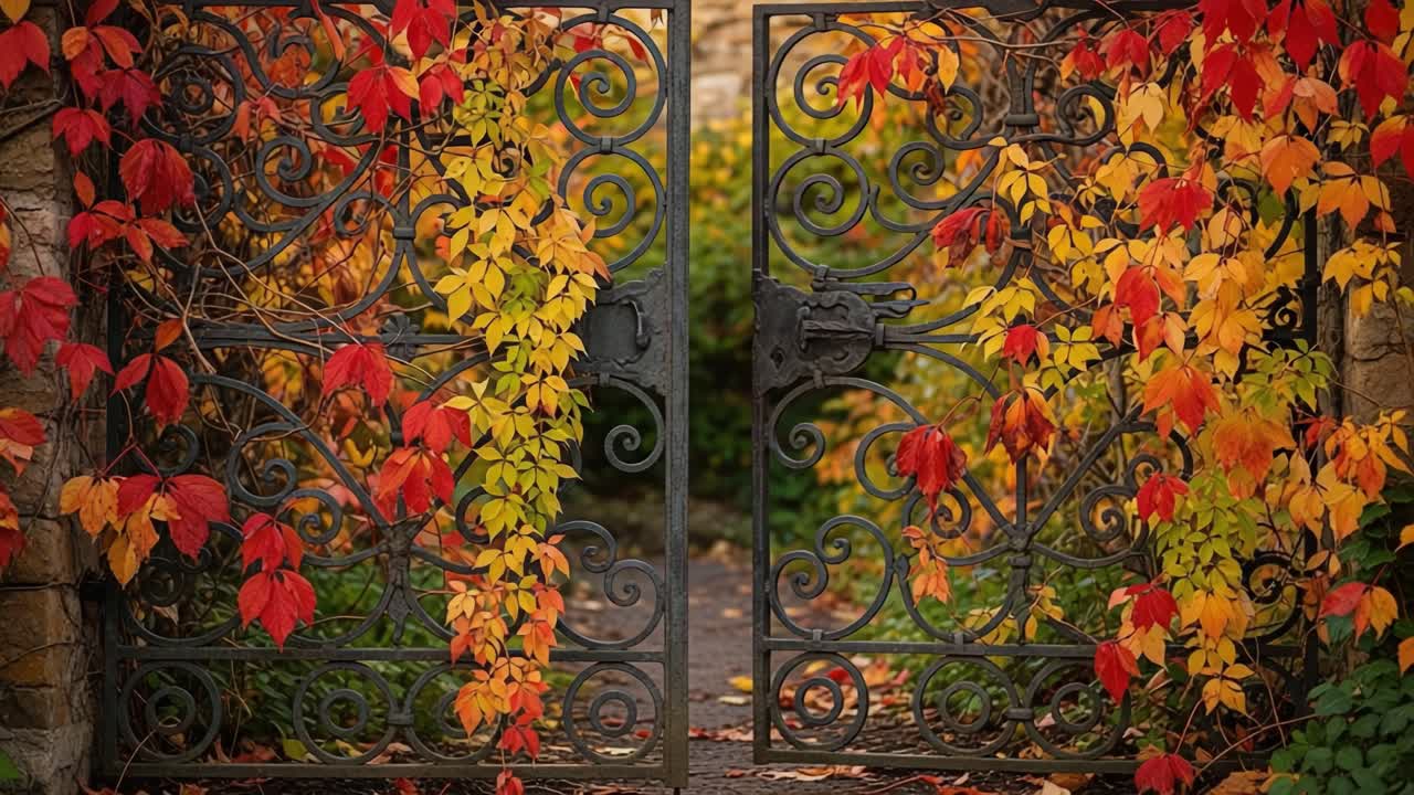 Autumn Trellis: A Stunning Display of Colorful Vines and Ornate Iron Gates Framing a Picturesque Garden Pathway Filled with Seasonal Foliage