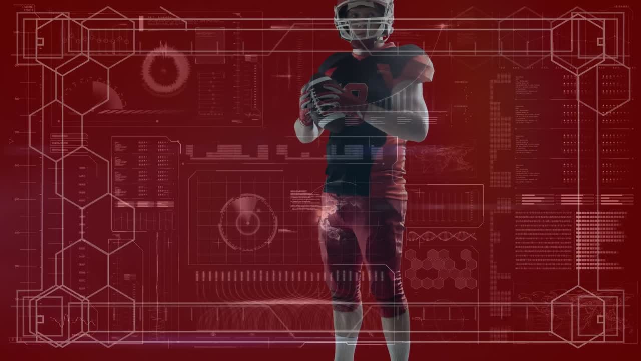 빨간색 배경에 데이터 처리를 통해 미국 축구 선수의 애니메이션