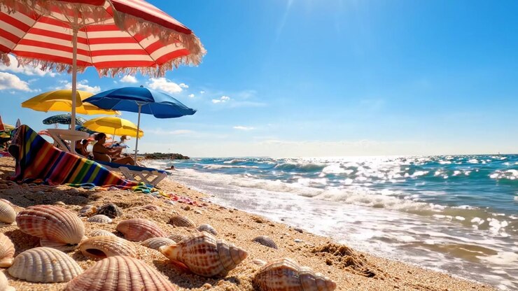 Una serena scena di spiaggia cattura l'essenza tranquilla dell'estate, mostrando ombrelloni colorati, vivaci ombrelloni da spiaggia, conchiglie e dolci onde dell'oceano sotto un cielo azzurro brillante