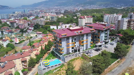 aerial view of a modern apartment complex with a pool in a coastal city