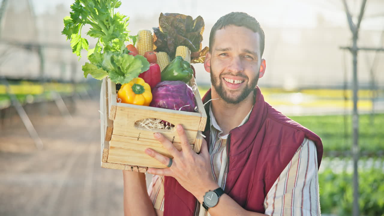 A farmer holding a crate of fresh vegetables