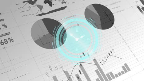 animation of clock moving fast over statistics and financial data processing