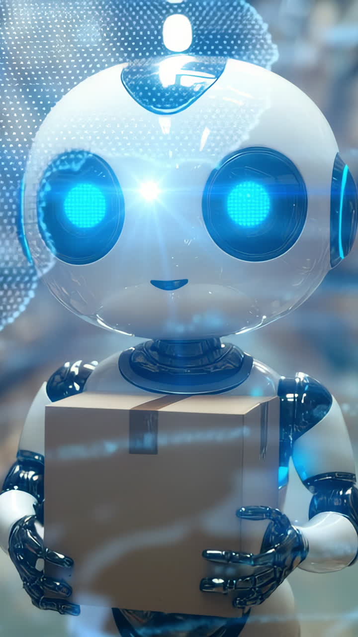 Robot parcels in warehouse. A small robot with blue glowing eyes carries a cardboard box through a modern warehouse filled with shelves.