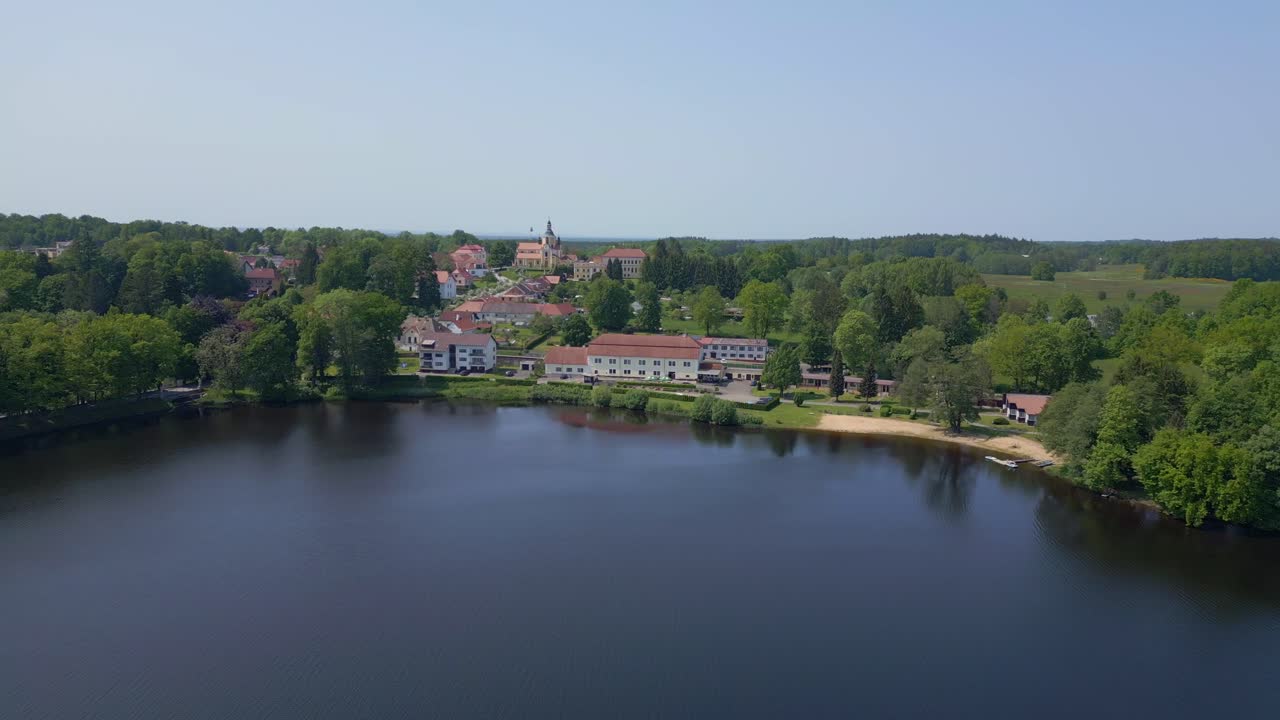 Spectacular aerial top view flight Vacation paradise village city Chlum at Lake Hejtman in Czech Summer day 2023