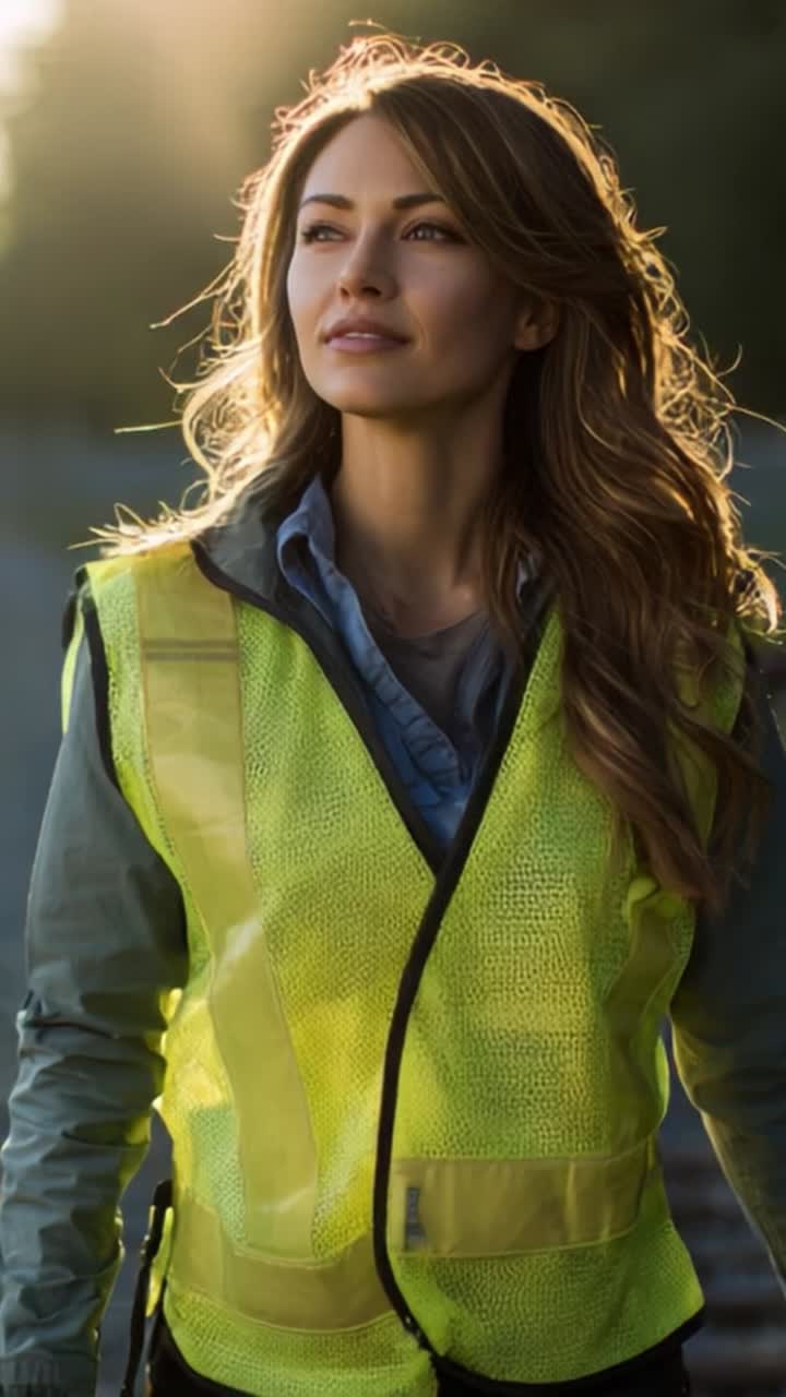 A confident young woman, dressed in a bright yellow safety vest, walks along a sunlit path, embodying strength and determination in an empowering moment