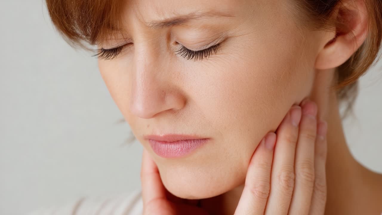 Struggling with Discomfort: A Close-Up on a Woman's Painful Expression as She Gently Holds Her Jaw, Signifying Emotional and Physical Distress