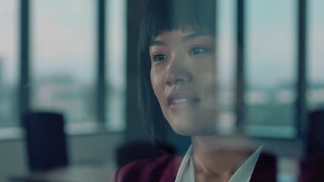 successful asian business woman looking out window proud ceo planning ahead thinking of ideas for future investment strategy corporate manager enjoying leadership career in office