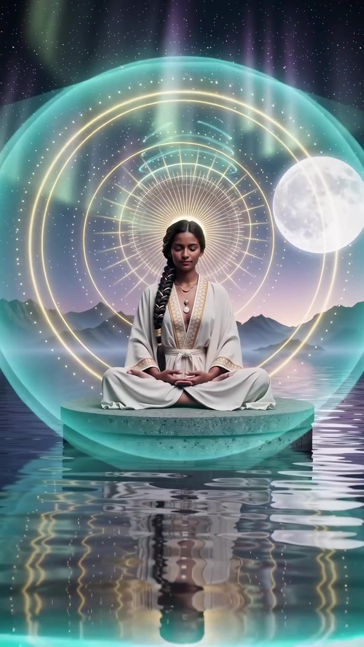 Donna spirituale che medita in un sereno paesaggio notturno con energia luminosa