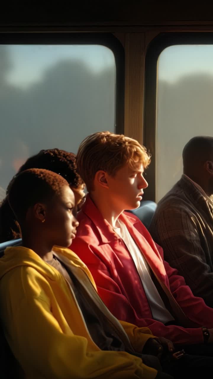 Quiet Contemplation on Public Transport: A Moment Captured of Youthful Reflection Amidst a Bustling Surrounding in a Warm Light Setting