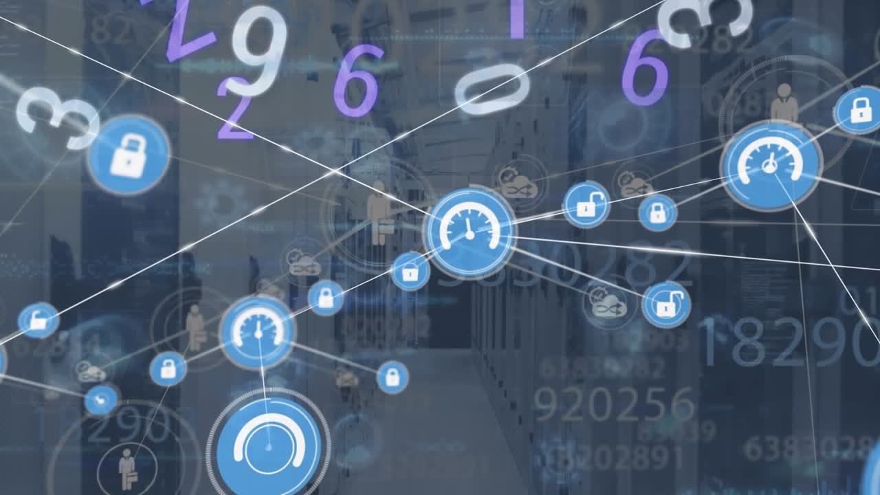 Animation of network of connections with icons and data processing over server room