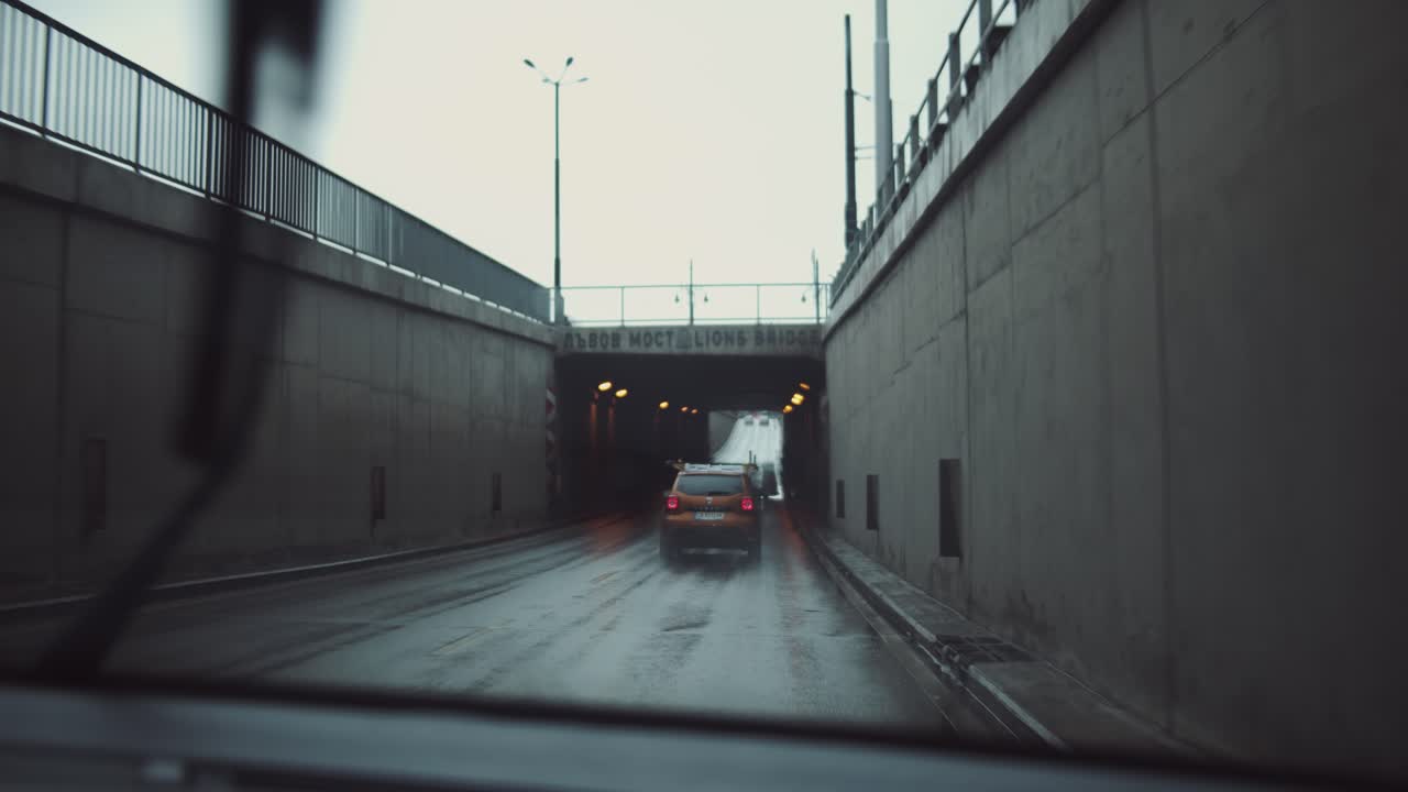 Driving through Lions Bridge Underpass in Lviv, Ukraine