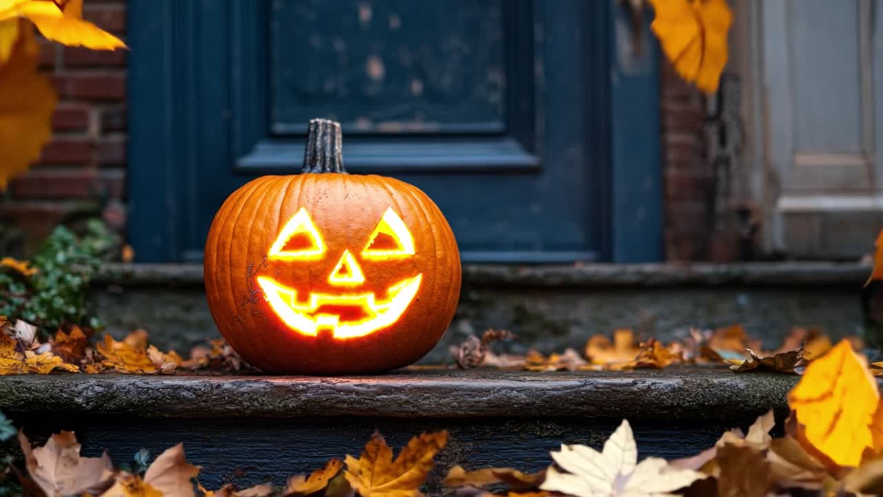 calabaza de halloween con hojas de otoño