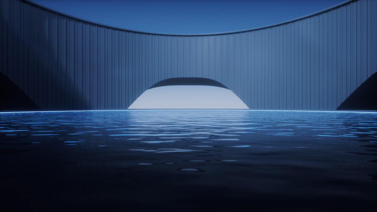 밤에 건물과 함께 물 표면, 3d 렌더링