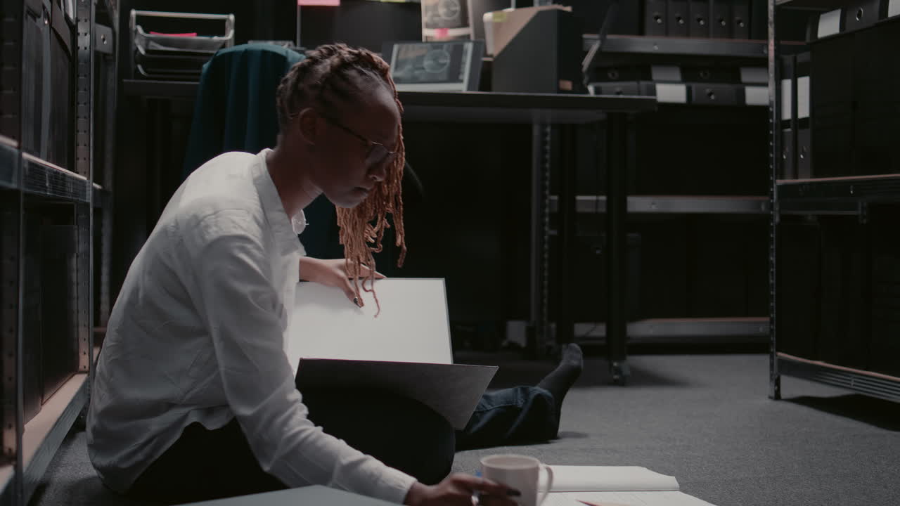 Woman working on the floor in an office archive