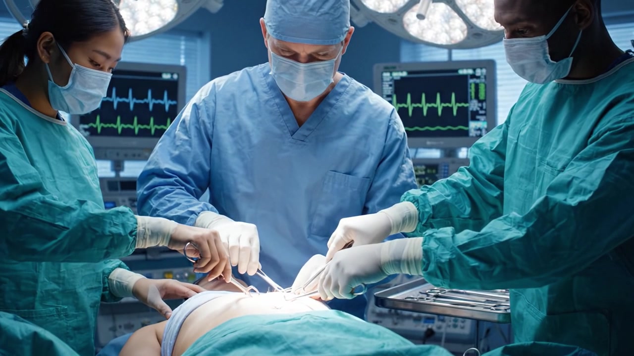Chirurghi in azione: un'analisi ravvicinata di una procedura chirurgica che evidenzia precisione e concentrazione nell'ambiente della sala operatoria con tecnologia medica avanzata coinvolta