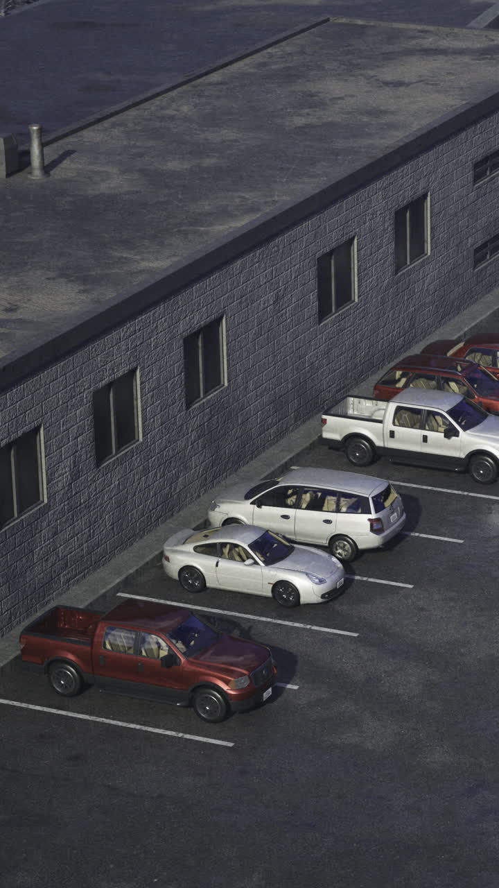 Biler parkeret på en parkeringsplads ved siden af en grå bygning i dagtimerne