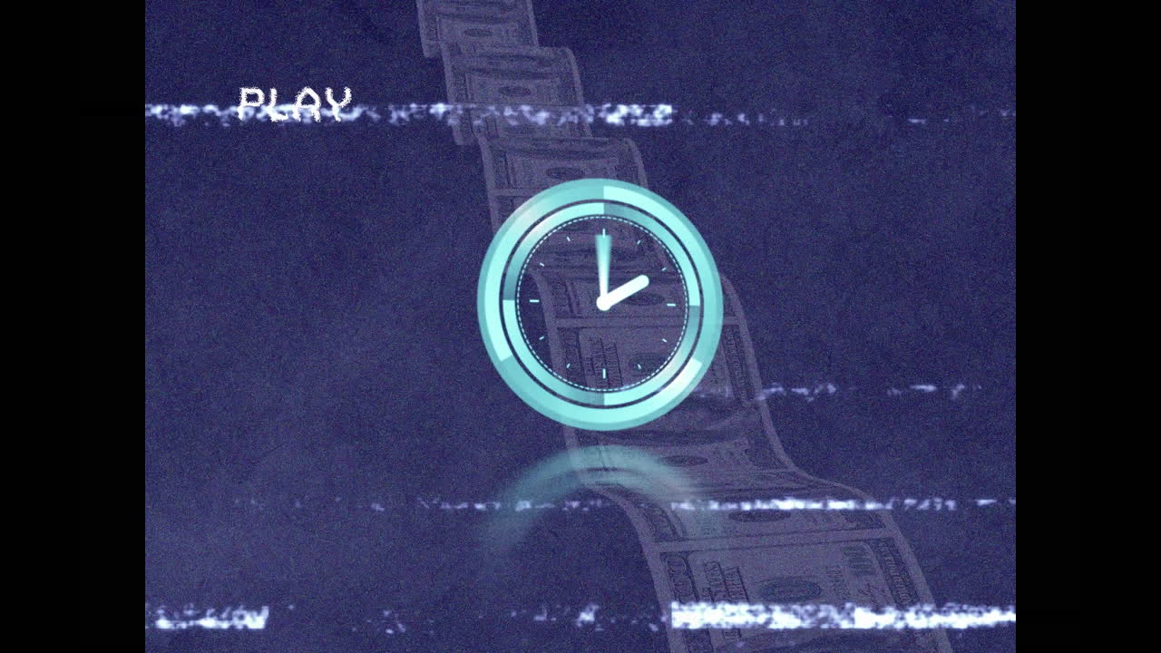 Animation of vhs glitch effect over neon ticking clock and us dollar bills against blue background