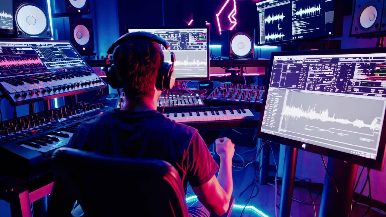 productor de música talentoso con auriculares, sentado frente a monitores de computadora y teclado de controlador midi, componiendo música electrónica en un estudio profesional con luces de neón