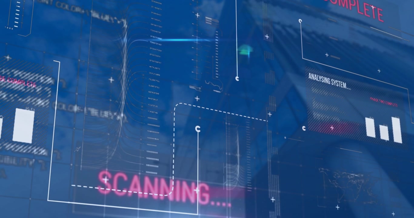 Animation of interface with data processing against low angle view of tall building