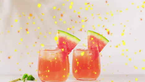 animation of confetti falling and cocktails on white background