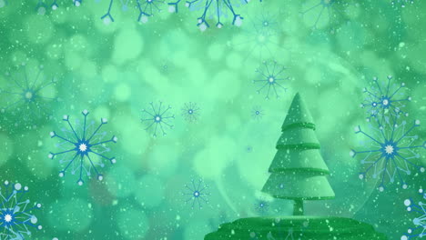 animación de árbol de navidad en globo de nieve y nieve cayendo sobre fondo verde.