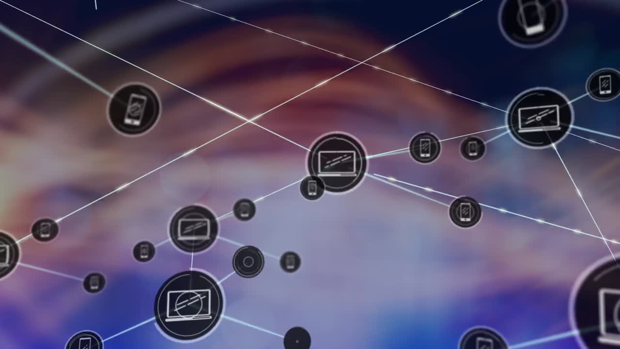 animación de la red de conexiones con iconos sobre el cerebro con textos en fondo borroso