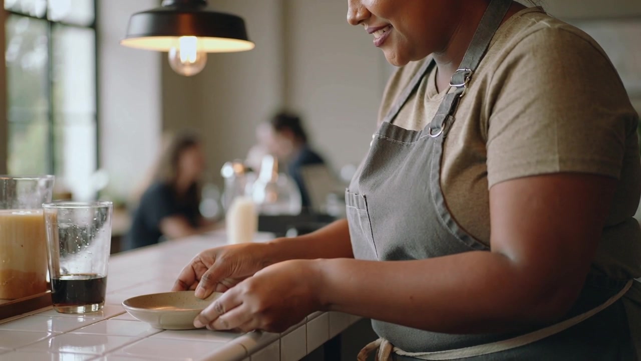 Holding ceramic bowl, server wearing apron placing it on tiled counter at cafe, serving customer