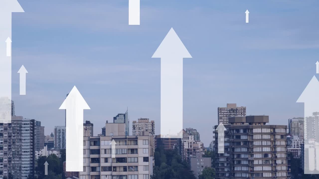 animación de flechas blancas que apuntan hacia arriba sobre el fondo del paisaje urbano