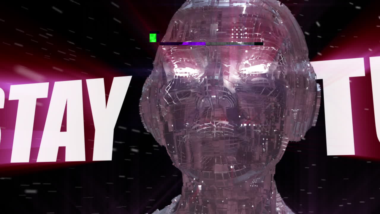 Futuristická hlava AI robota se zářícíma očima a zprávou „Zůstaňte naladěni“