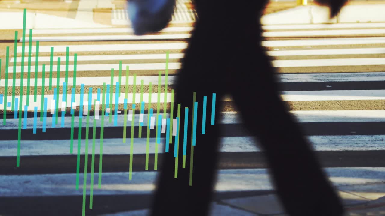 제브라 교차로에 있는 사람들 위에서 금융 데이터 처리의 애니메이션