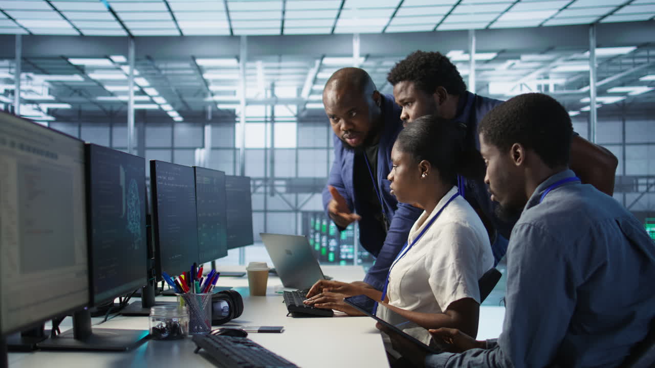 Diverse Team Collaborating in a Server Room