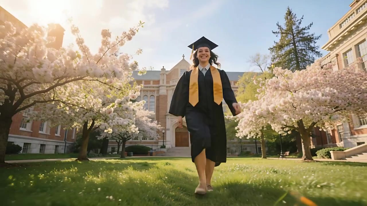 Laureato che corre in toga e stola dorata con tocco, festeggiando la laurea nel cortile universitario