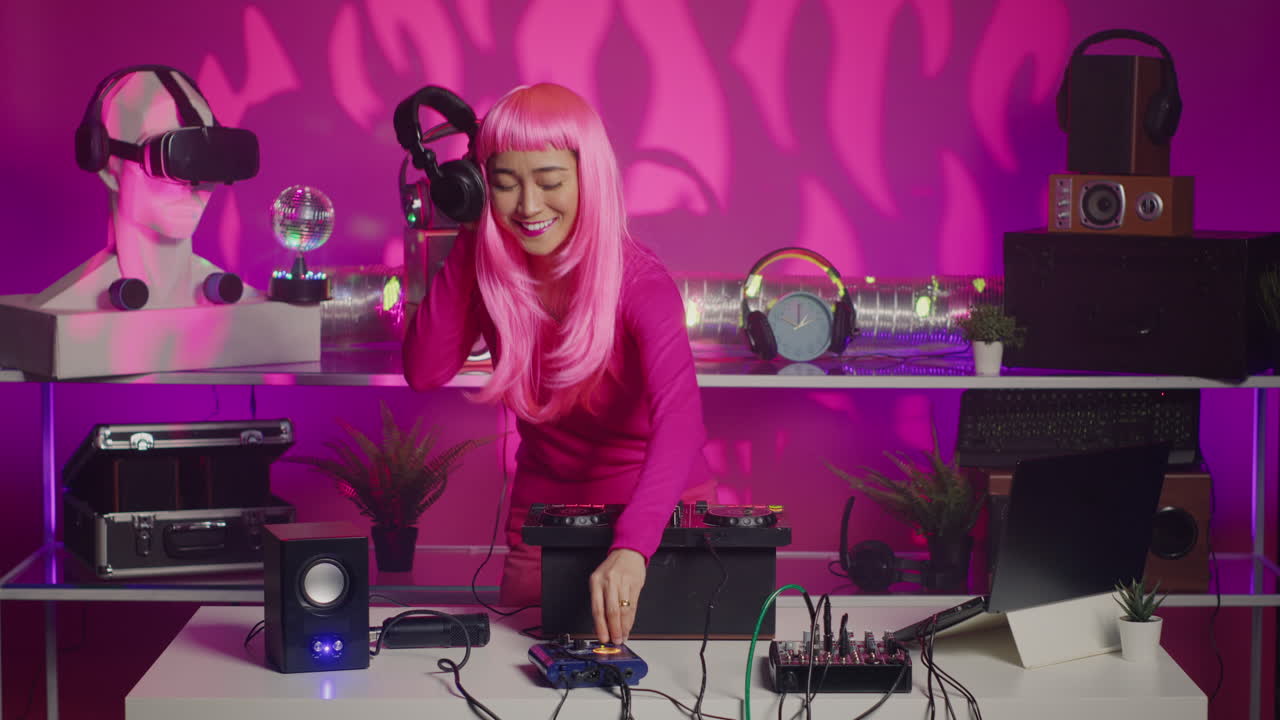 Woman DJ with pink hair mixing music with headphones and a mixer