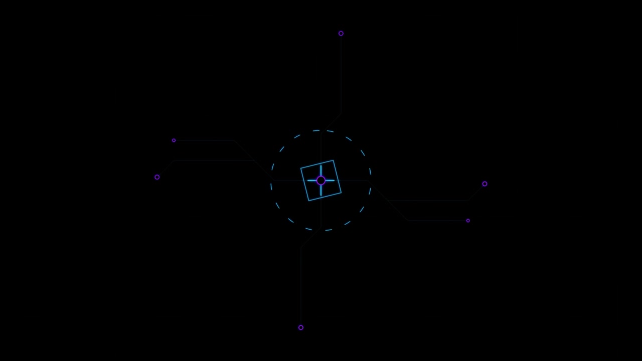 Elemento de Interface HUD Digital Futurista com Formas Geométricas Rotativas.