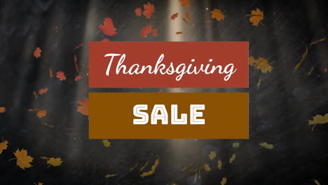 thanksgiving sale text banner over multiple autumn maples leaves falling against tall trees