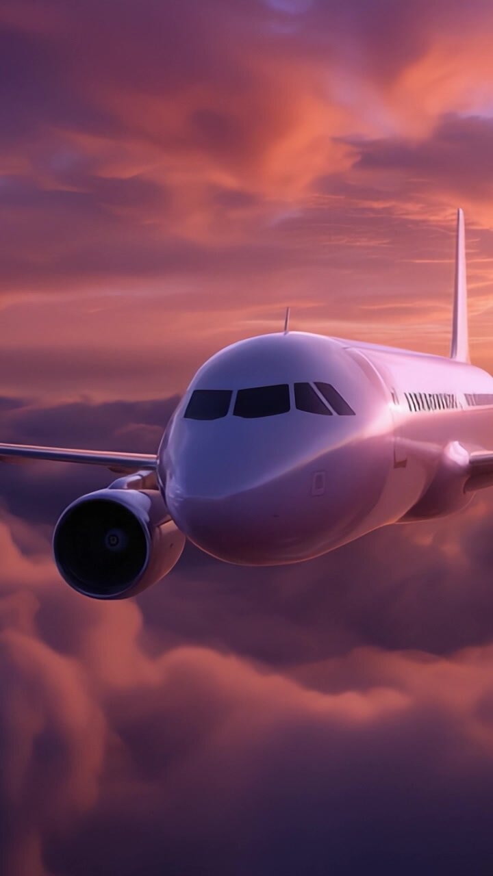 Aereo passeggeri che vola attraverso nuvole drammatiche al tramonto.