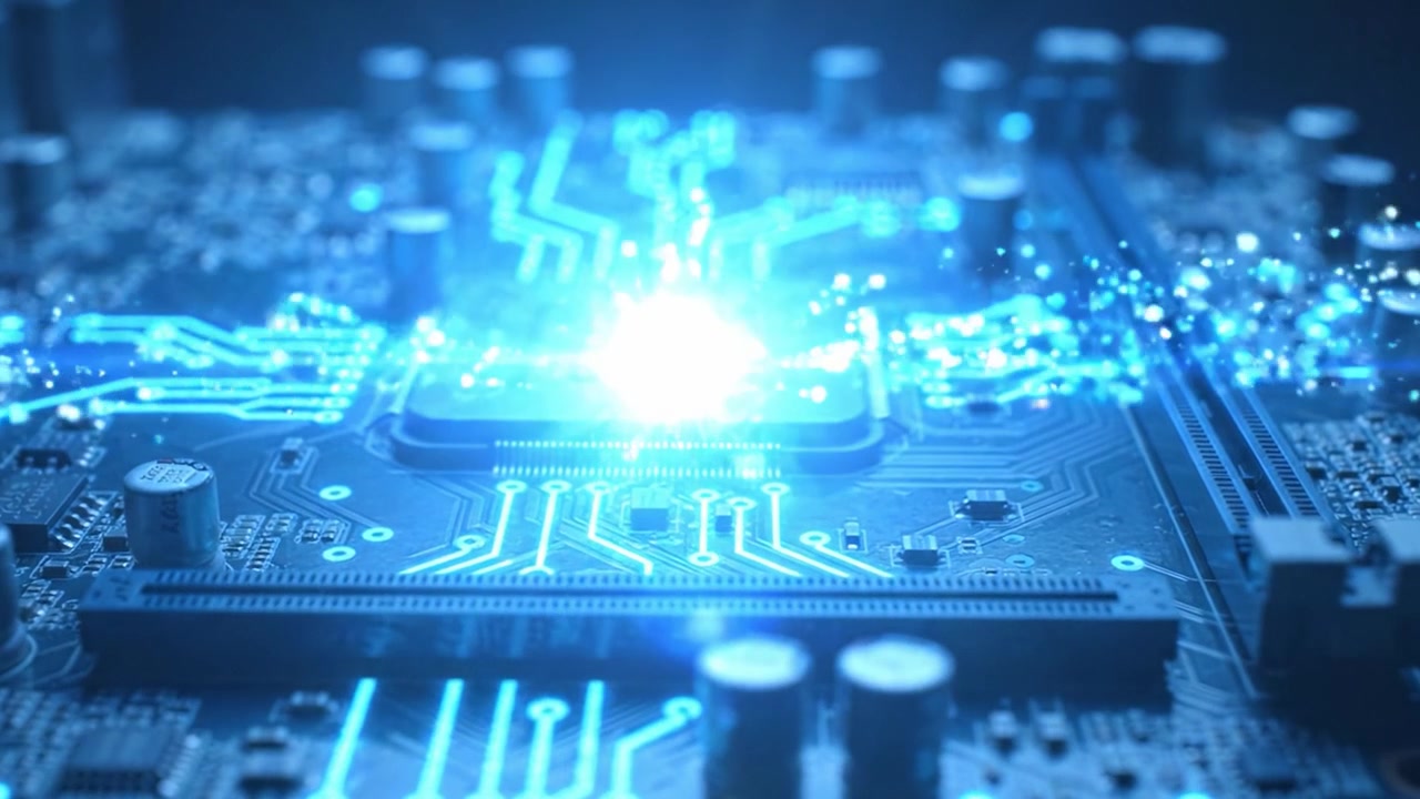 Exploring the Intricacies of a Circuit Board: A Close-Up Look at the Microchip and Its Detailed Traces in an Electrifying Glow