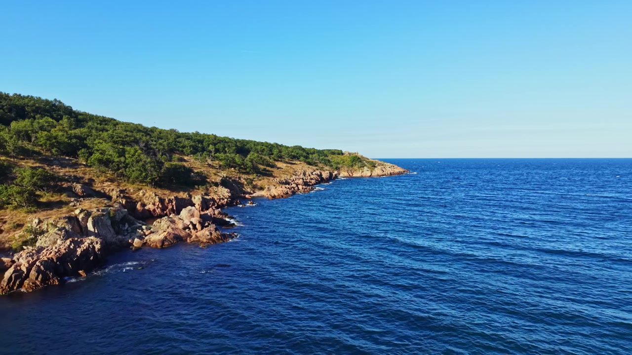 Vista della costa con rocce e alberi lungo il mare sotto un cielo azzurro e limpido di giorno