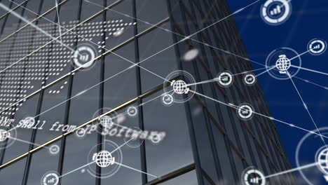 animations of network of connections with icons over skyscraper over blue background