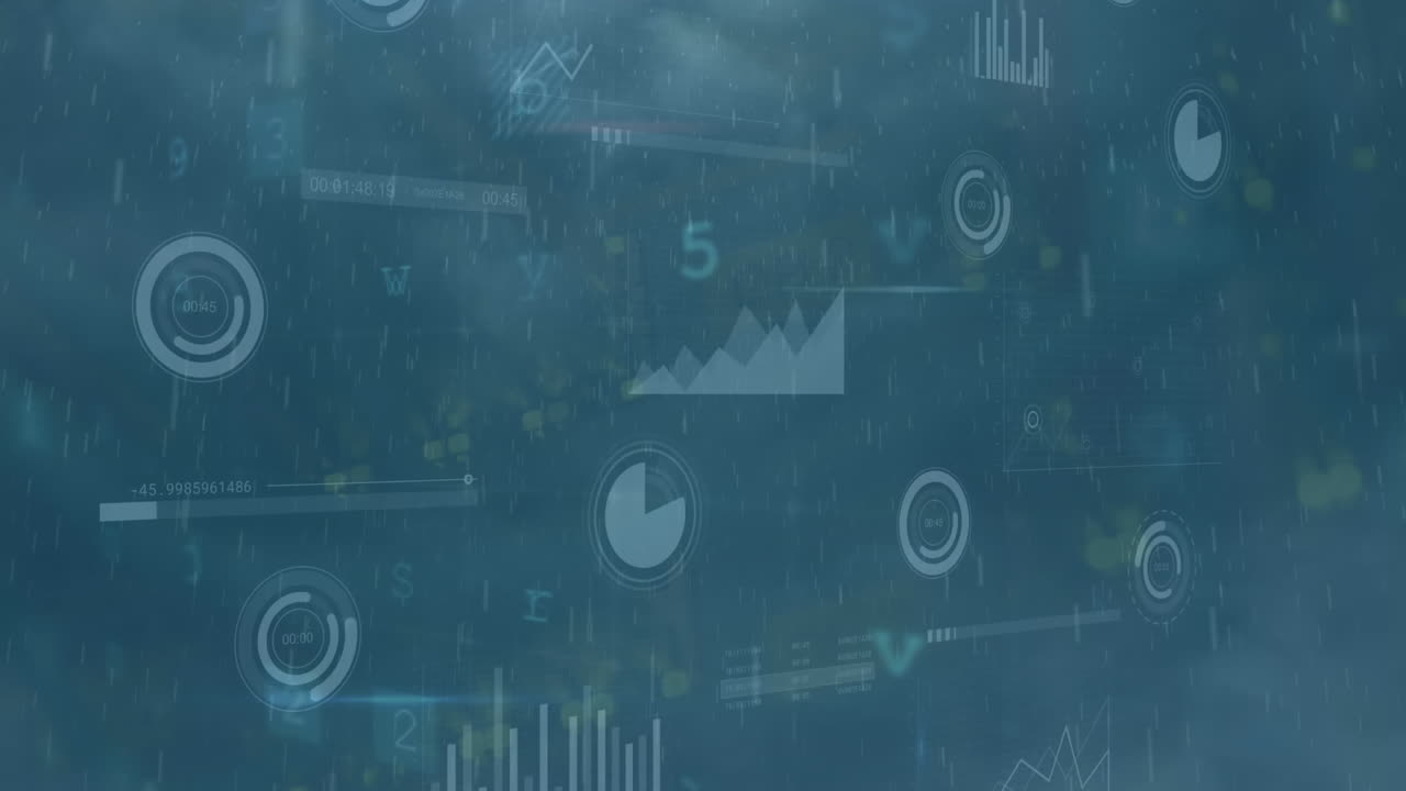 Animation of network of connections with icons and data processing on clouds on sky