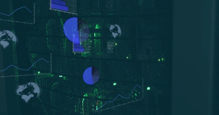 Data feed starting, blue charts appearing and expanding over server racks, showing network status