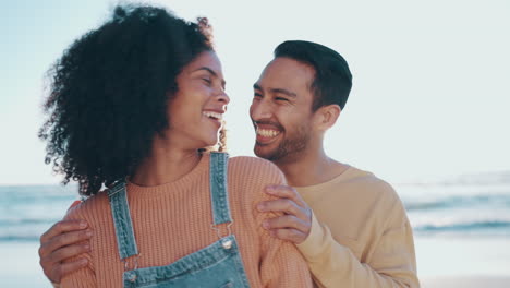 couple, hug and beach with happiness and travel