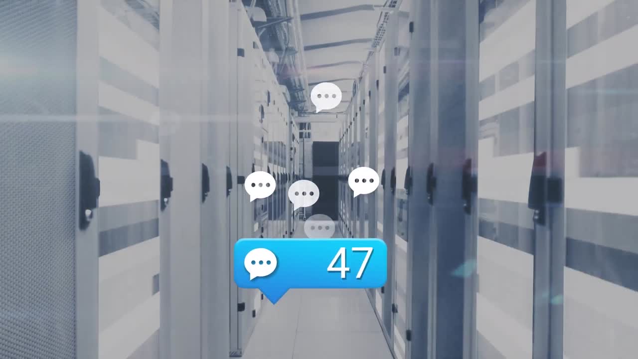 Animation of message icon with increasing numbers against light trails over computer server room
