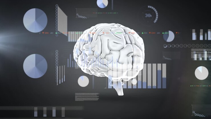 Animation of graphs and data over brain on grey background